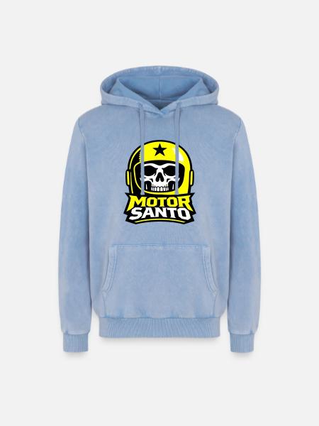 Motor Santo Skull Logo - Relaxed Unisex Premium Acid Washed Hoodie - acid washed blue