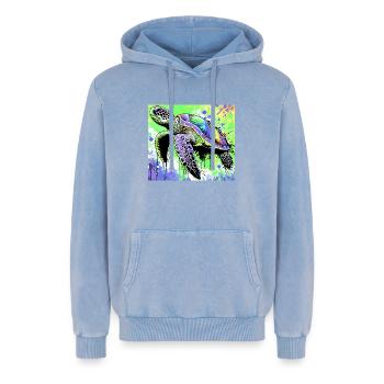 Schildkröte - Relaxed Unisex Premium Acid-Washed Hoodie - Blau Acid Wash - Vorne - AI Model Female 172 dark (172cm) & AI Model Male 185 light (185cm)