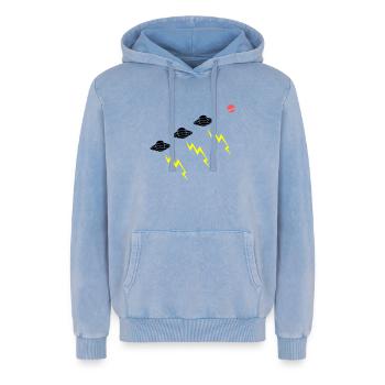 UFO Invasion Lightning Attack Alien Vector - Relaxed Unisex Premium Acid Washed Hoodie - acid washed blue - Front - AI Model Female 172 dark (172cm) & AI Model Male 185 light (185cm)