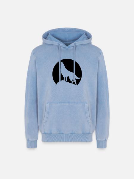 Wolf - Mond - Relaxed Unisex Premium Acid-Washed Hoodie - Blau Acid Wash