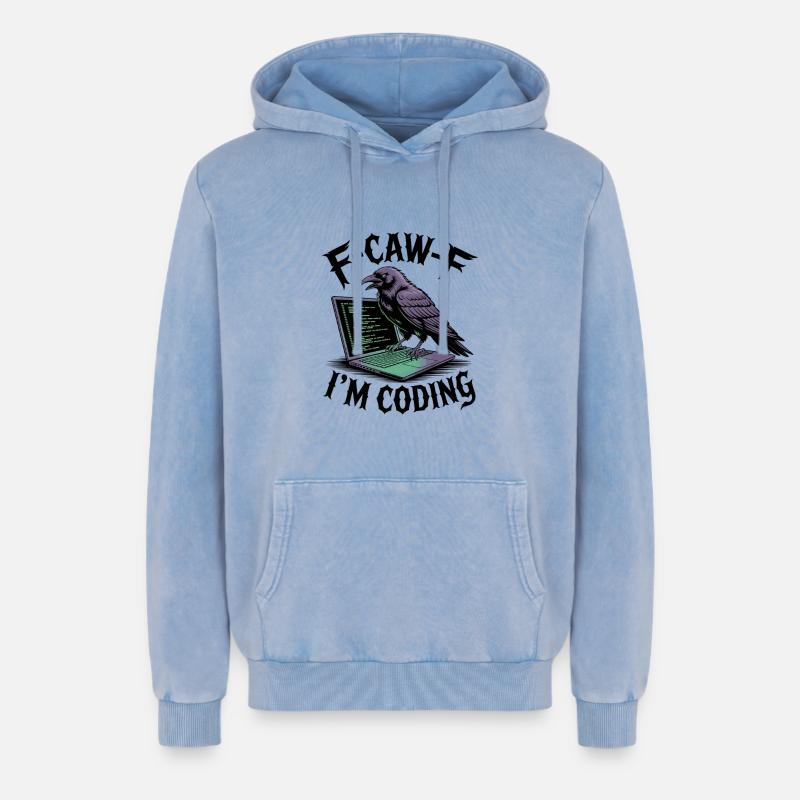 RabenCoder: Code Raven am Laptop - Relaxed Unisex Premium Acid-Washed Hoodie - Blau Acid Wash