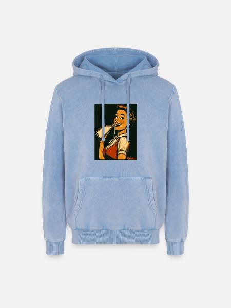 Retro Dame mit Milch Getränk - Relaxed Unisex Premium Acid-Washed Hoodie - Blau Acid Wash