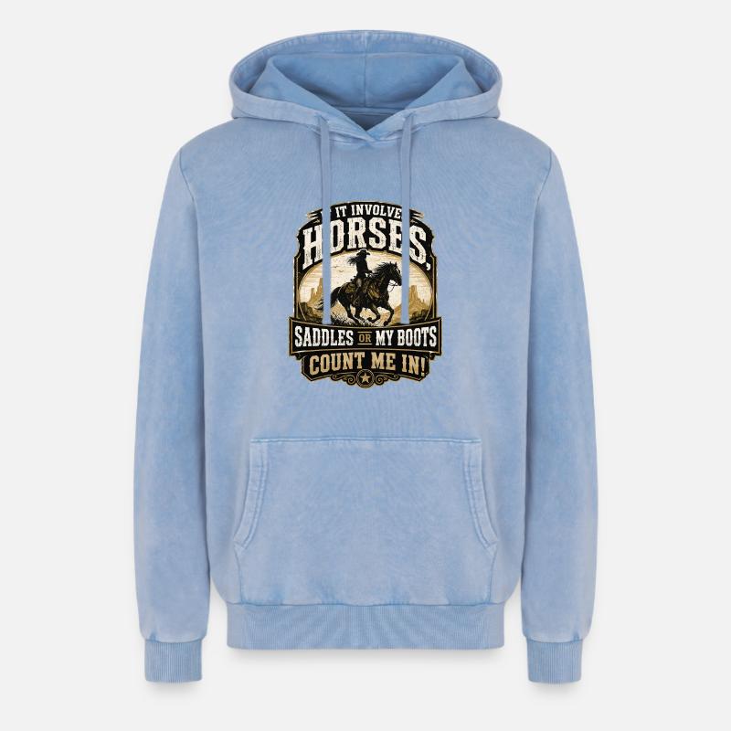 Pferdeheld: Sättel oder Stiefel - Relaxed Unisex Premium Acid-Washed Hoodie - Blau Acid Wash