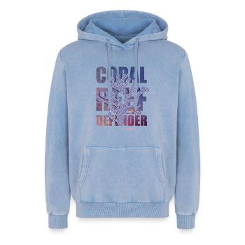Coral Defender Crew by . NEMO - Relaxed Unisex Premium Acid Washed Hoodie - acid washed blue - Front - AI Model Female 172 dark (172cm) & AI Model Male 185 light (185cm)