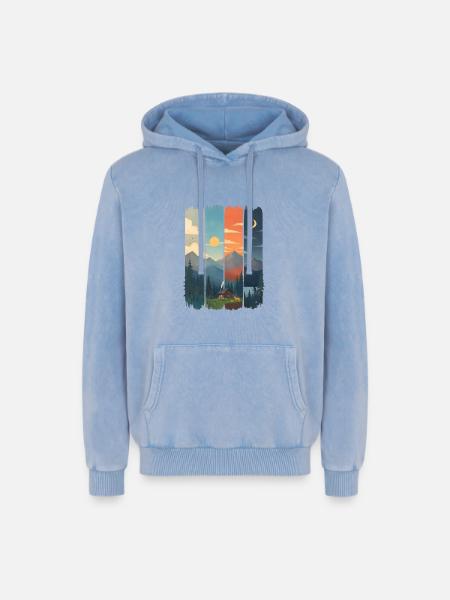 Horizons in four mountain panels - Relaxed Unisex Premium Acid Washed Hoodie - acid washed blue