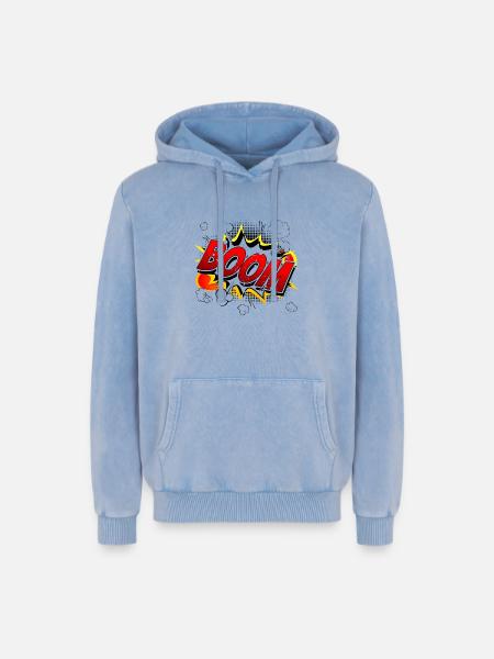 Boom Comic Graphic - Relaxed Unisex Premium Acid Washed Hoodie - acid washed blue
