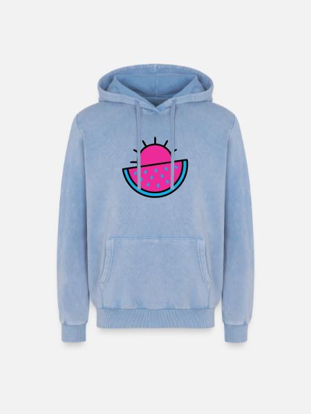 Watermelon Sun 90s Pop Art - Relaxed Unisex Premium Acid Washed Hoodie - acid washed blue