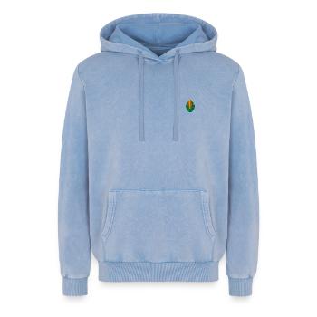 Corn embroidered - Relaxed Unisex Premium Acid Washed Hoodie - acid washed blue - Front - AI Model Female 172 dark (172cm) & AI Model Male 185 light (185cm)