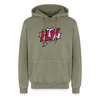 2541614 15932863 fly - Relaxed Unisex Premium Acid-Washed Hoodie - Grün Acid Wash - Vorne - AI Model Female 172 light (172cm) & AI Model Male 185 light (185cm)