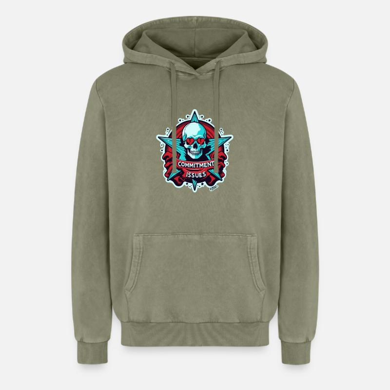 Commitment Issues Skull Badge - Relaxed Unisex Premium Acid Washed Hoodie - acid washed green