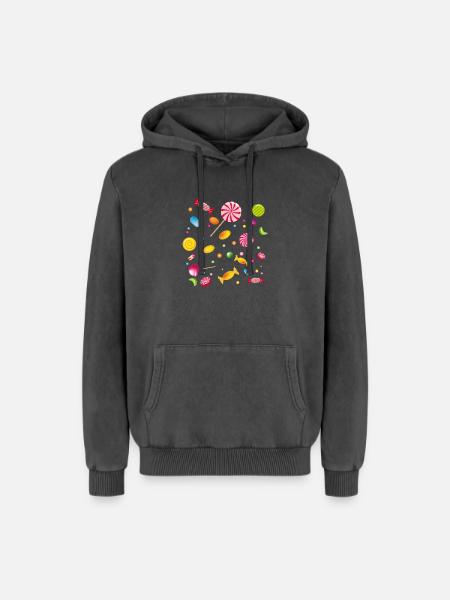 En masse slik, slik, slikkepind og tyggegummi - Unisex Premium hættetrøje acid wash - sort syrevasket