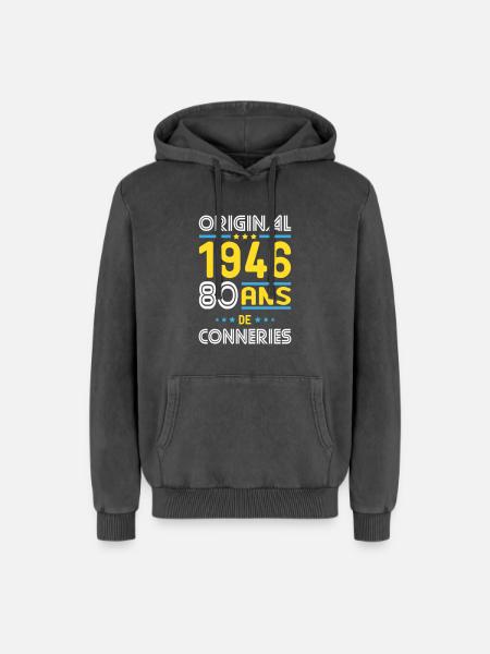 Original – 1946 – 80 Jahre - Relaxed Unisex Premium Acid-Washed Hoodie - Schwarz Acid Wash