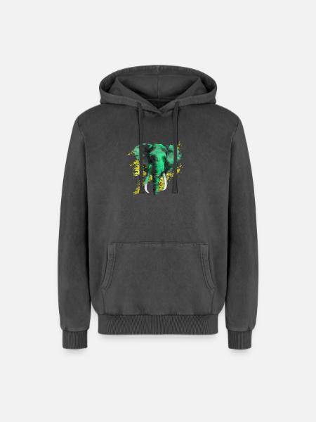 éléphant - Sweat à capuche unisexe Premium acid-wash en coton - noir délavé acide