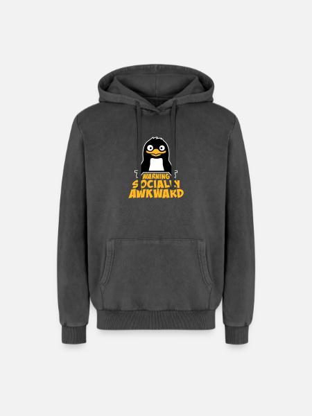 Penguin Warning Socially Awkward Funny Clumsy - Relaxed Unisex Premium Acid Washed Hoodie - acid washed black