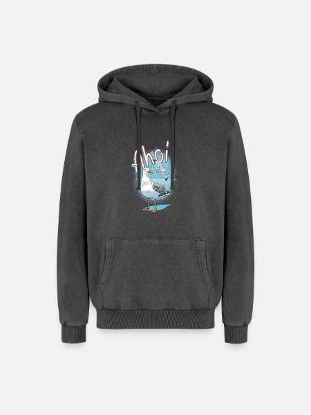Ahoy Seagull Illustration - Relaxed Unisex Premium Acid Washed Hoodie - acid washed black