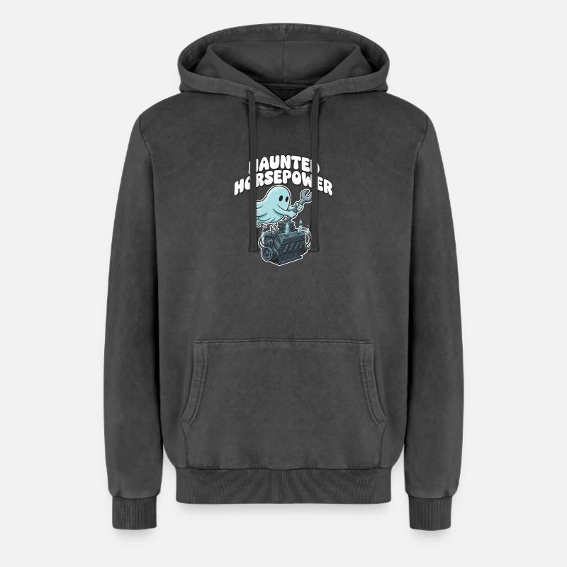 Dessin animé Ghost Engine Hanting Engine - Sweat à capuche unisexe Premium acid-wash en coton - noir délavé acide
