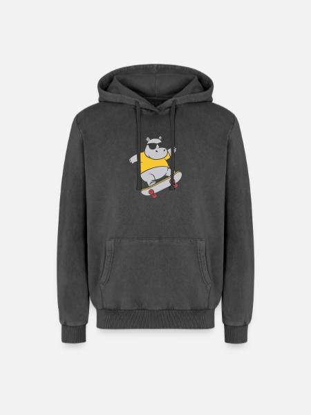 Cool Hippopotamus Skater Skateboard Vector - Relaxed Unisex Premium Acid Washed Hoodie - acid washed black