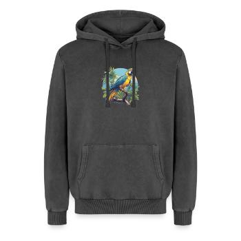 L’ère de l’ara - Sweat à capuche unisexe Premium acid-wash en coton - noir délavé acide - Devant - AI Model Female 172 light (172cm) & AI Model Male 185 light (185cm)
