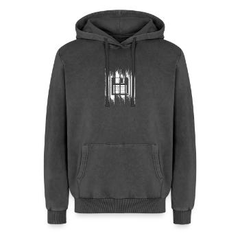 Diskette Zeichnung - Relaxed Unisex Premium Acid-Washed Hoodie - Schwarz Acid Wash - Vorne - AI Model Female 172 light (172cm) & AI Model Male 185 light (185cm)