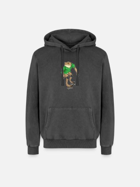 Frog Skater Skateboard - Relaxed Unisex Premium Acid Washed Hoodie - acid washed black