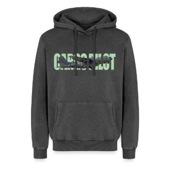 Cargo pilot C-160 - Relaxed Unisex Premium Acid-Washed Hoodie - Schwarz Acid Wash - Vorne - AI Model Female 172 light (172cm) & AI Model Male 185 light (185cm)