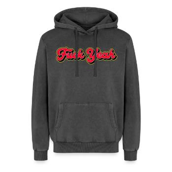 Fuck Yeah 3D Red Script - Sweat à capuche unisexe Premium acid-wash en coton - noir délavé acide - Devant - AI Model Female 172 light (172cm) & AI Model Male 185 light (185cm)