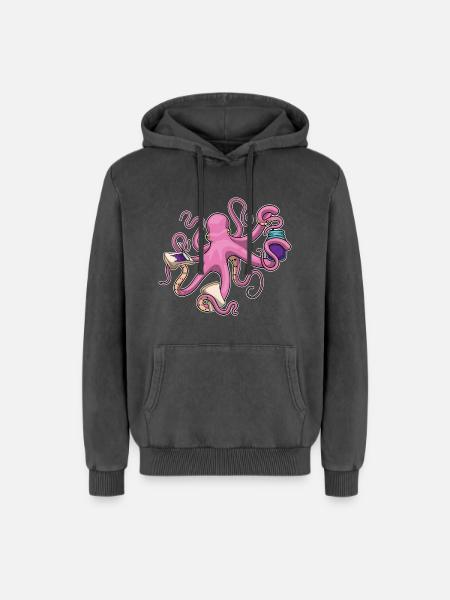 Octopus Sandwich - Relaxed Unisex Premium Acid Washed Hoodie - acid washed black
