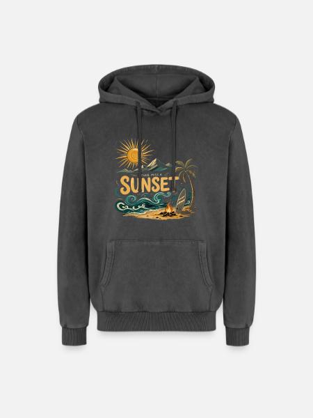 Sunset on the beach surf - Relaxed Unisex Premium Acid Washed Hoodie - acid washed black