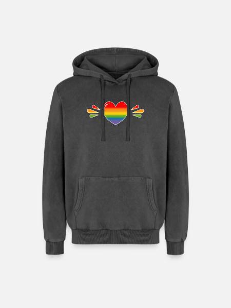 Rainbow Sparkling heart BLACK SHIRT - Relaxed Unisex Premium Acid Washed Hoodie - acid washed black