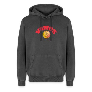 Vamos - Sweat à capuche unisexe Premium acid-wash en coton - noir délavé acide - Devant - AI Model Female 172 light (172cm) & AI Model Male 185 light (185cm)
