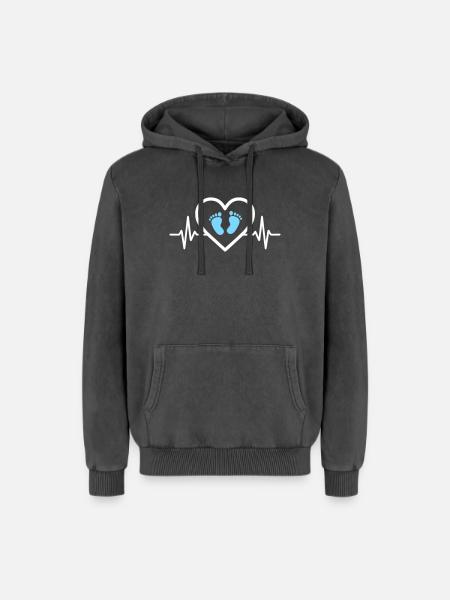 Pregnancy Announcement Heart Blue Footprints Boy - Relaxed Unisex Premium Acid Washed Hoodie - acid washed black