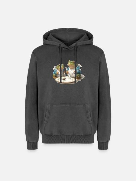 Frosch-Dinner: Fliege am Teller - Relaxed Unisex Premium Acid-Washed Hoodie - Schwarz Acid Wash
