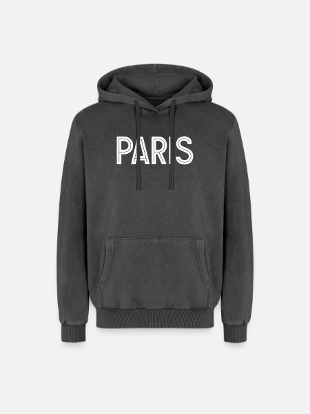 Paris White Geometric Typography - Relaxed Unisex Premium Acid Washed Hoodie - acid washed black