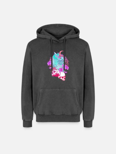 Pastel Goth Skull Owl Aesthetic Clothes Moon - Relaxed Unisex Premium Acid Washed Hoodie - acid washed black