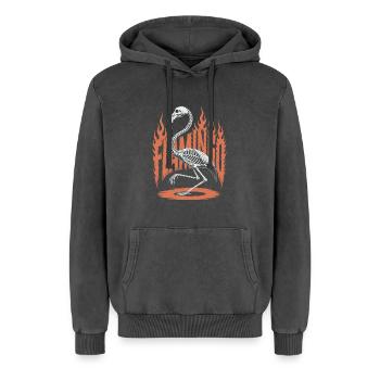 Flamingo Flammen Skelett Halloween - Relaxed Unisex Premium Acid-Washed Hoodie - Schwarz Acid Wash - Vorne - AI Model Female 172 light (172cm) & AI Model Male 185 light (185cm)