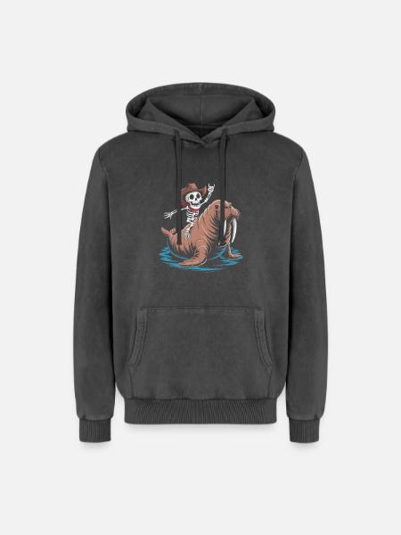 Skeleton cowboy on walrus - Relaxed Unisex Premium Acid Washed Hoodie - acid washed black