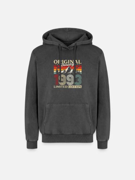33rd Birthday Original January 1993 - Relaxed Unisex Premium Acid Washed Hoodie - acid washed black