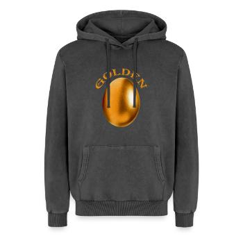 golden egg - Relaxed Unisex Premium Acid Washed Hoodie - acid washed black - Front - AI Model Female 172 light (172cm) & AI Model Male 185 light (185cm)