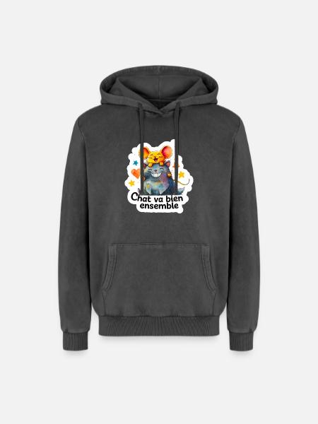 Chat et Souris Heureux Ensemble - Sweat à capuche unisexe Premium acid-wash en coton - noir délavé acide