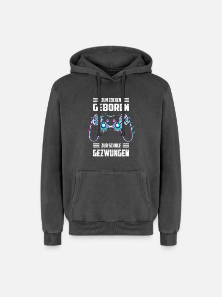 Zum Zocken Geboren, zur Schule Gezwungen - Relaxed Unisex Premium Acid-Washed Hoodie - Schwarz Acid Wash