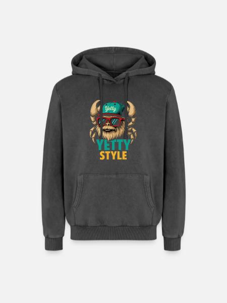 Yetty Style Yeti Graphic - Relaxed Unisex Premium Acid Washed Hoodie - acid washed black