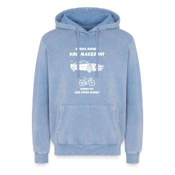 Car burns money and makes fat - Relaxed Unisex Premium Acid Washed Hoodie - acid washed blue - Front - AI Model Female 172 dark (172cm) & AI Model Male 185 light (185cm)