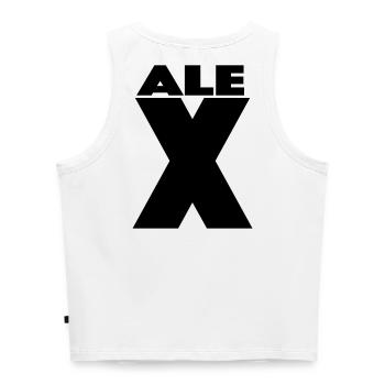 Alex X – Minimal Name Design - Cropped Frauen Organic Tank Top - Weiß - Hinten - Selfina (174cm)