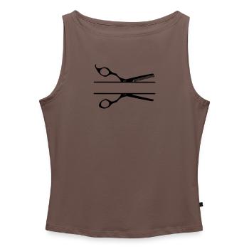 Bannière texte logo coiffeur peigne ciseaux - Débardeur femme à encolure bateau bio - gris chiné - Devant - Selfina (174cm)