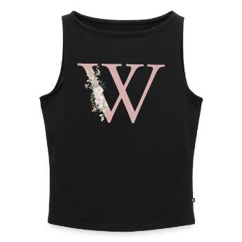 W Monogramme, Floral, Personnalisable - Débardeur femme à encolure bateau bio - noir - Devant - Selfina (174cm)