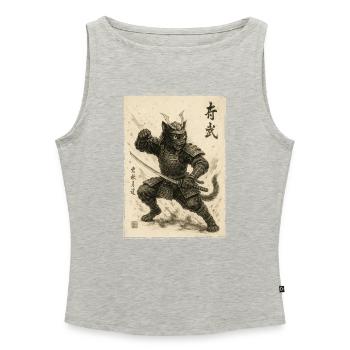 Chat samouraï, guerrier et combattant japonais - Débardeur femme à encolure bateau bio - gris chiné - Devant - Selfina (174cm)