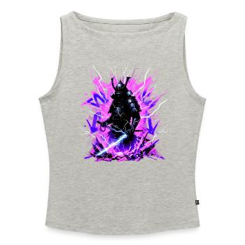 Cyber Samurai – Synthwave Katana Geist - Débardeur femme à encolure bateau bio - gris chiné - Devant - Selfina (174cm)