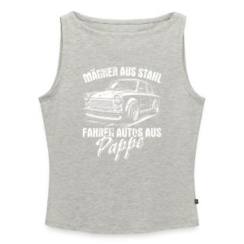 Trabi | Männer aus Stahl - Auto aus Pappe - Frauen Organic Tank Top mit U-Boot-Ausschnitt - Grau meliert - Vorne - Selfina (174cm)
