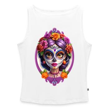 Tête de mort mexicaine Dia de Muertos Sugar skull - Débardeur femme à encolure bateau bio - blanc - Devant - Selfina (174cm)