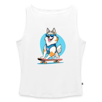Gilet en denim Corgi on Skateboard - Débardeur femme à encolure bateau bio - blanc - Devant - Selfina (174cm)